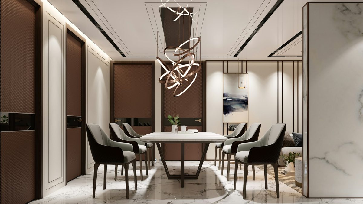 Comedor elegante con mesa central, sillas tapizadas y lámpara escultórica